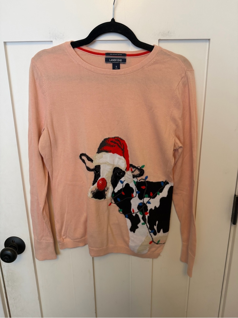 Lands End Pink 100% Supima Cotton Pull Over Sweater Christmas Cow S 6-8 Holiday